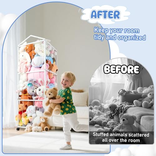 NomNest Stuffed Animal Storage Zoo – Large Metal Plushie Organizer Holds 50+ Toys, Heavy Duty Teddy Bear Toy Holder with Wheels for Bedroom, Playroom, Nursery (White) - color: Pearl White