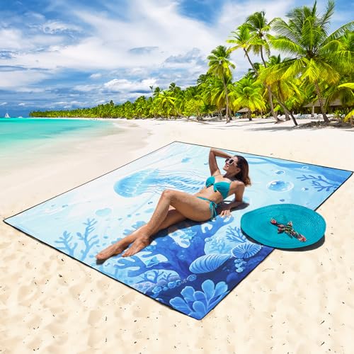 WIWIGO Beach Blanket Mat Waterproof Sandproof for 2-8 Adults Quick Drying | Extra Large, For 2-8 Adults,Windproof, Outdoor Picnic Mat, Beach Accessories Must Have,Gifts, for Travel, Camping, Hiking - color: 3d-jellyfish, size: 79" X 83"（1-4person）