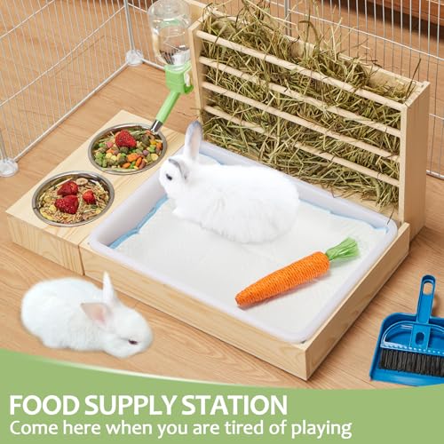 4 in 1 Rabbit Hay Feeder with Litter Box, Small Animals Hay Rack with Water Bottle, and 2 Bowls, Wooden Bunny Hay Holder Feeder Toilet Combo for Rabbit, Guinea Pig, Hamster, Hedgehog, Chinchillas