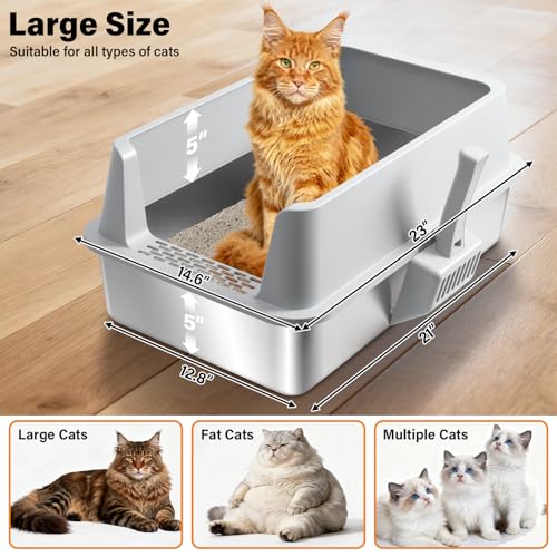 Stainless Steel Litter Box,XL Metal Cat Litter Box with Lid High Sides, Extra Large Litter Boxes for Big Cats,Odor-Resistant, Scratch-Proof, Easy to Clean, Non-Stick,Scoop Included - color: Large to XL:23"×14.6"×10"