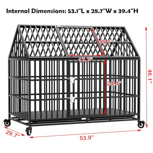 54 inch Heavy Duty Indestructible Dog Crate with 2 Bowls, Steel Double Door Indoor High Anxiety Cage for Large Giant Dogs, Escape-Proof Chew-Proof Pet Kennel with Trays and Wheels, Extra Large XL XXL - size: 53.9"L x 29.7"W x 46.1"H