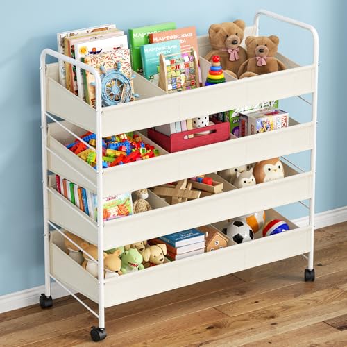 Kids Toy Storage Organizer with 4 Shelves & Wheels for Playroom | White, Large Size, Steel Frame & Oxford Fabric, Rolling Casters with 2 Locks, Safe Rounded Edges, Easy Assembly - size: 3X-Large-Large