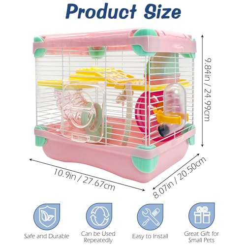 Hamiledyi Portable Hamster Cage 2 Layers Dwarf Hamster Habitat Small Animal Travel Cage with Exercise Wheel Hamster Enclosure Mouse Cage for Hamsters Mice Gerbils or Other Tiny Pets - color: Pink