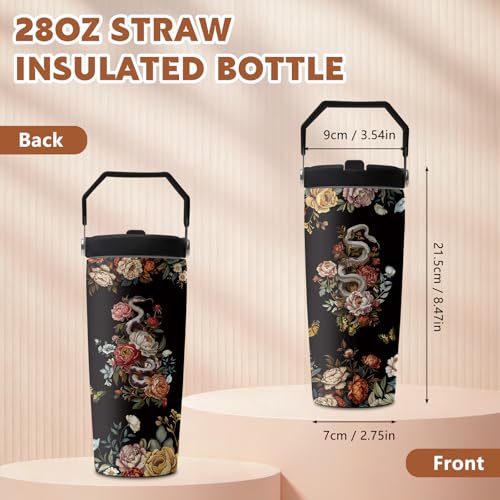 Goth 28oz Tumbler, with Handle Lid Straw, Stainless Steel Sport Cup | 28oz Insulated Tumbler, Flower of Darkness Travel Water Bottle, Thanksgiving Christmas Birthday Gift for Goths Snake Lovers - color: snake