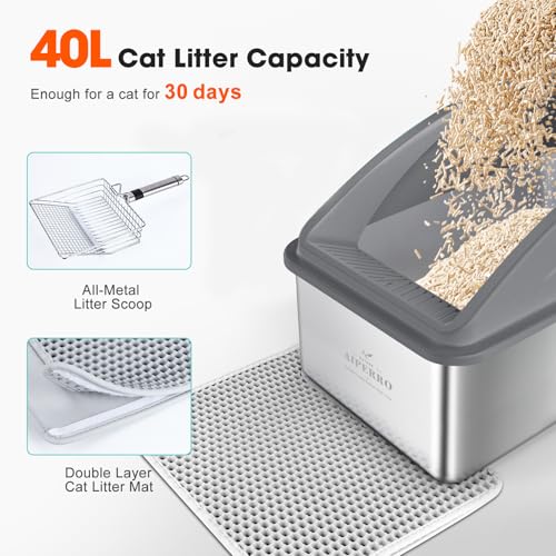 AIPERRO Stainless Steel Litter Box | XXL Deepened 8" Design Enclosed Box with Lid for Big Cats | High Sided, Anti-Urine Leakage | Non-Stick Bottom & Includes Litter Mat & Metal Scoop - color: Dark Grey, size: XX-Large