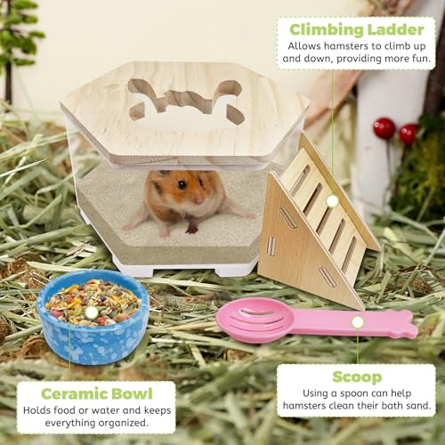 Hamiledyi Hamster Sand Bath Box Transparent Gerbil Digging Sand Container Acrylic Small Dwarf & Syrian Hamster Shower Bathtub with Climbing Ladder Bowl and Scoop Cage Accessories for Lemmings (Bunny) - style: Bunny