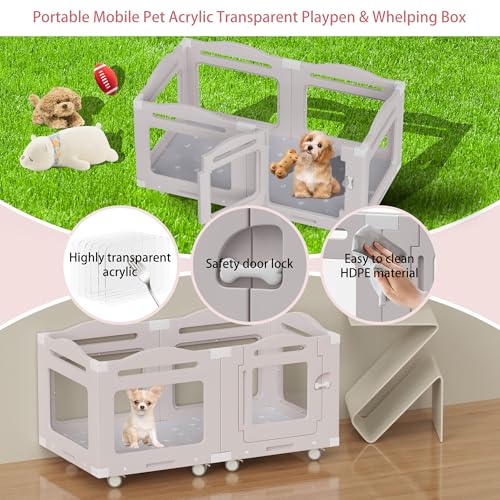 Acrylic Dog Playpen, Indoor Whelping Box with Pet Stroller, Puppy Playpen for Small Medium Pets, Cat Rabbit & Puppies, 6-Panel with Bottom Panel, 8 Wheels, Safe, Sturdy, Apricot Gray - color: Apricot Gray