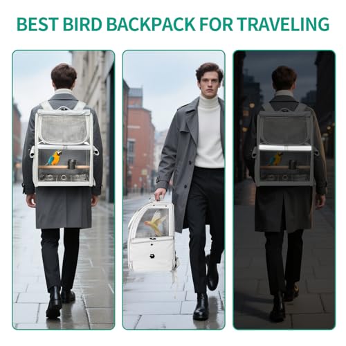 Bird Carrier Bag, Bird Travel Cage with Standing Perch and Indestructible Stainless Steel Mesh, Protable Transparent Breathable Carrier with Feeder Cups for Small Birds Parrot Parakeet, Grey - size: 16.0"L x 13.0"W x 10.0"H