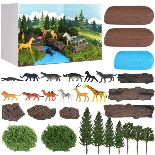 50 Pcs Forest Diorama Supplies Forest Animals Figures Habitat Project Box - style: Forest