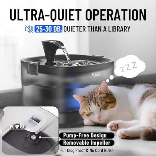 Veken 85oz/2.5L Cat Water Fountain with Detachable Tank & Secure Clips | Easy to Clean & Assemble, Quiet Operation & LED Light, Pet Drinking Dispenser, Gifts, Cats, Dogs and Small Pets, Black - color: Black
