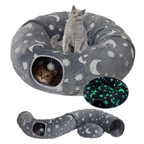 Cat Tunnel Bed for Indoor Cats with Washable Cushion Cat Cave Donut Tunnel with Fluffy Ball Big Round Tube Pet Playground Toys Soft Plush Peekaboo for Kitten, Cat, Puppy, Rabbit, Ferret（Moon Star） - color: Moon Star
