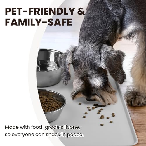 VIVAGLORY Pet Food Mat Flexmat Dog Bowl Mat, L, Light Grey | Non Slip Silicone for Pet Kitten & Doggy, Placemat with Lip for Floor - color: Light Grey, size: L (24.0 x 15.7in)