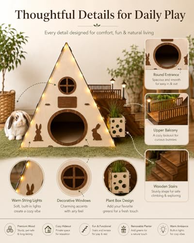 Tnstbiee Large Modern Wooden Rabbit Castle House Hutch - Bunny Hideout Indoor Habitats - Pet 2-Story Home Furniture（Excluding Street Lights）