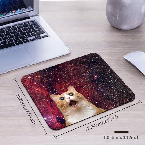 Surprised Space Cat Meme Mouse Pad, Funny Cosmic Kitty Red Nebula Desk Mat | Shocked Orange Tabby Cat Galaxy Background, Fantasy Design, 9.5 x 7.9 Inches, Anti-Slip Base, Cute Smooth Mousepad - color: Brown Dark Red