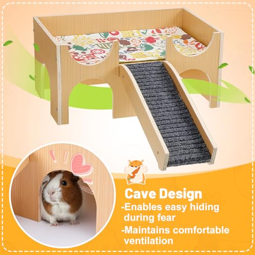 MEWTOGO Upgraded Sturdy Wooden Guinea Pig Castle with Stairs & Mat | Easy to Assemble, Sturdy, Playing Hiding House, for Hamsters Bunny Chinchillas Small Animals - size: Large