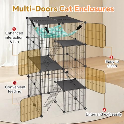 VISCOO Cat Cage, 4-Tier DIY Cat Enclosures Catio,24"x24"x 48" Cat Playpen | Detachable Metal Wire Kennel Cats Crate Indoor & Outdoor with Hammock, 2x2x4 Exercise Place for 1-3 Cats/Kitten - size: 15.4"L x 12.6"W x 6.3"H
