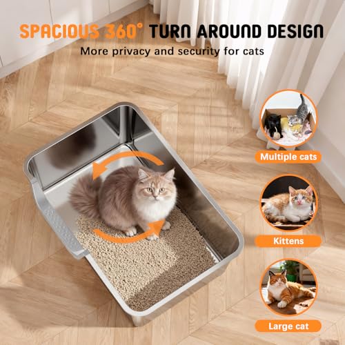 Stainless Steel Litter Box with High Sides,23.60" L X 15.7" W X 7.8" H,Extra Large Jumbo Cat Litter Box,XL Kitty Metal Liter Box for Indoor Big Cats,Non-Sticky,Anti-Leakage(Left Entry) - size: Left Entry (Long Side)
