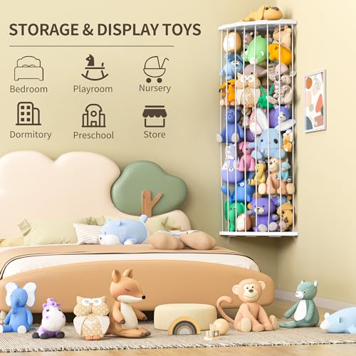 Jtksfcl Stuffed Animal Storage, Corner Stuffed Toy Shelf for Kids Room | Wall Mounted, Length Adjustable, Plush Toy Storage and Organizer for Nursery Play Room Bedroom
