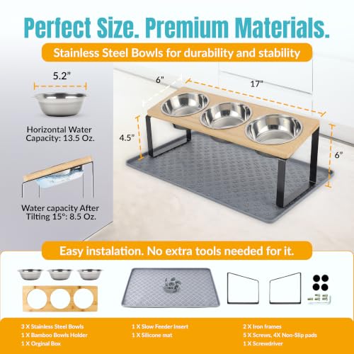 Elevated Cat Food Bowls, 3 Bowl Elevated Cat Feeding Station with Mat | Raised Cat Food Bowls Anti Vomiting,15° Tilted Cat Food Bowls & Elevated Slow Feeder Cat Bowls for healthier meals