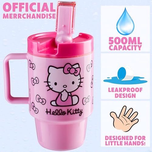 Get Trend Hello Kitty Sanrio Kids Water Bottle with Straw 16.9 oz BPA Free Leakproof Plastic Cup with Lid Handle Kawaii Tumbler Gifts for Kids (Pink Hello Kitty) - color: Pink Hello Kitty