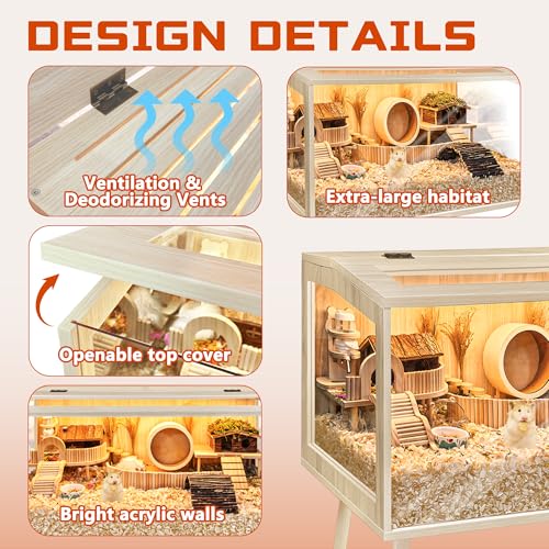 PROLEE Hamster Cage Wooden Chew Proof, Extra Large Mice and Rat Habitat Openable Top with Acrylic Sheets Solid Built Small Animal Cage with Leg Stands, 32 Inch Long - size: 32.0"L x 16.0"W x 40.0"H