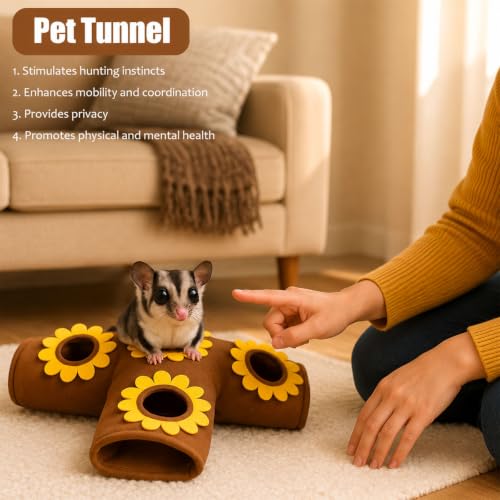 Guinea Pig Hideout and Toys, 4-Way Collapsible Small Pet Tunnels and Tubes with Sunflower Peepholes for Bunny Rabbit Ferret Hamster Chinchilla Hedgehog Hiding and Resting, 26.4in Long，Brown