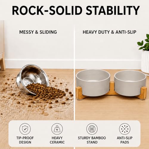 SPUNKYJUNKY Ceramic Dog and Cat Bowl with Wood Stand Non-Slip Matte Glaze Weighted Food Water Set for Cat Medium Dog 28.7 OZ - color: Grey × 2, size: 3.6 cups