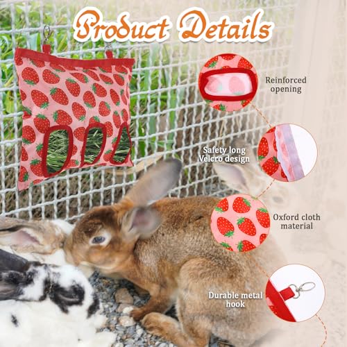 Guinea Pig Hay Feeder, 3 Hole Washable Hanging Hay Bag for Rabbits | Hay Holder for Guinea Pigs Rabbits Chinchilla Hamster Bunny Small Pets and Animal, Strawberry Pattern, 13x10.8inch - color: 3-hole strawberry