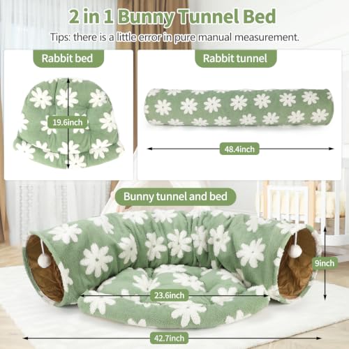 BWOGUE Bunny Tunnel Bed, 2-in-1 Collapsible Rabbit Tunnel Hideout with Mat | Green Floral Rabbit Tunnel for Indoor Bunnies, 46.8 in Length, Removable Mat for Rest, Ball Toy for Play, Rabbits - color: Flower Green