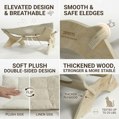 JSPYFITS Elevated Cat Bed Hammock, Raised Cat Bed with Dual-Sided Plush & Linen Cushion, Machine Washable & Breathable Cover Tool Free Easy Assembly, up to 66Lbs (White) - color: Pristine White