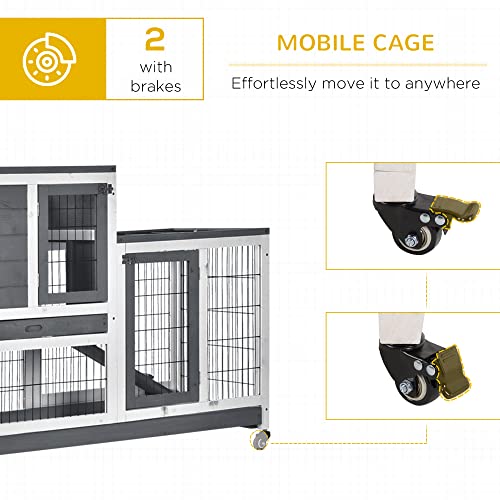 PawHut Wooden Rabbit Hutch Elevated Bunny Cage Indoor Small Animal Habitat with Enclosed Run with Wheels, Ramp, Removable Tray Ideal for Guinea Pigs, Grey | Small Animal Habitat, Enclosed Run, Wheels, Ramp, Removable Tray for Rabbits, Chickens, Ducks - co