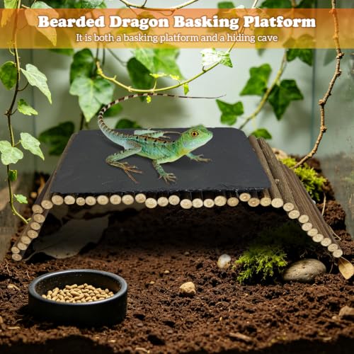 Reptile 19.7x5.9″Bendable Wooden Bridge with 5.9x9.8″Slate Rock Bearded Dragon Basking Platform Set Climbing Hideout Basking Terrace and Hide Cave for Lizard Flexible Gecko Habitat Decor - size: L: 19.7x5.9″ Wooden Bridge,5.9x9.8″Slate Rock
