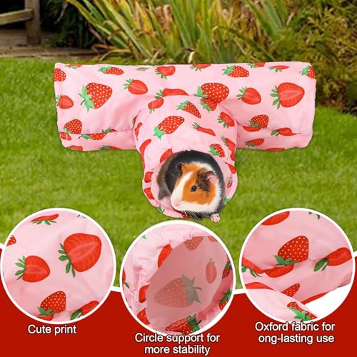 JarThenaAMCS Guinea Pig Tunnel 3 Way Washable Guinea Pig Hideout Pink Strawberry Foldable Rabbit Tunnel Small Animal Toy for Bunny Hamster Chinchilla Ferret Accessory