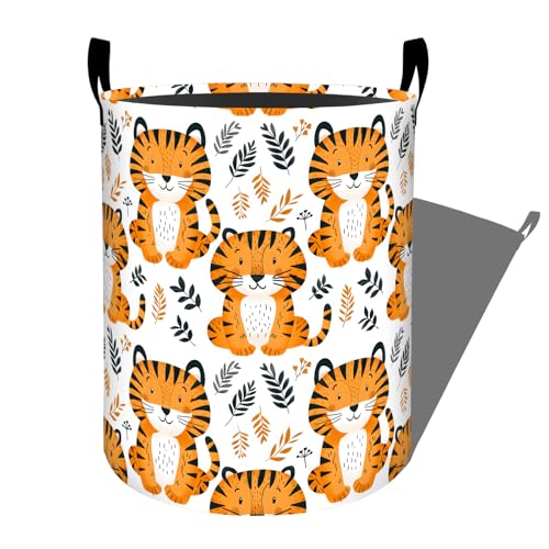 Cheerful Tiger with Leaf Laundry Basket with Handles, 19.7"x15.7" Clothes Foldable Cute Tigers Cartoon Animal Laundry Hamper Organizer for Dorm Nursery Bedroom Bathroom Decor, Toy Storage Bin for Kids - style: Tiger20