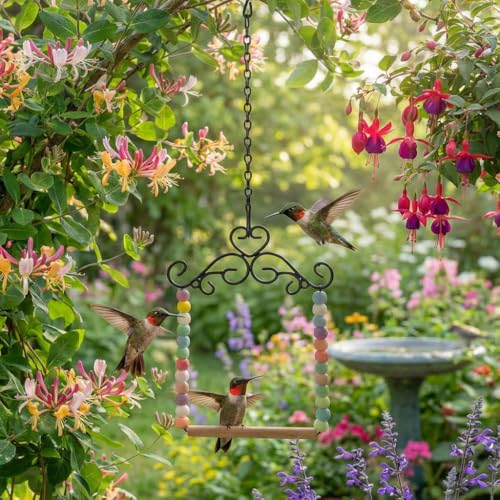 Hummingbird Swing & Perch for Outdoor – Rust-Resistant Metal Bird Perch with Colorful Beads, Easy Hanging Garden Accent Near Feeder, Bird Bath & Hummingbird House (2 PCS) - color: 2 PCS