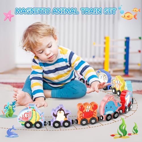 Zeoddler Toys for Toddlers, 11 Magnetic Wooden Sea Animals Train Set, Montessori Toys for Toddlers, Educational Activities for Kids, Birthday Gifts for Boys, Girls - style: Sea Animal