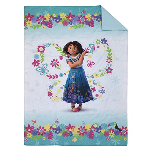 Disney Encanto Tropical Delight Pink and Aqua Flowers and Butterflies 4 Piece Toddler Bedding Set - Comforter, Fitted Bottom Sheet, Flat Top Sheet and Reversible Pillowcase - color: Disney Encanto