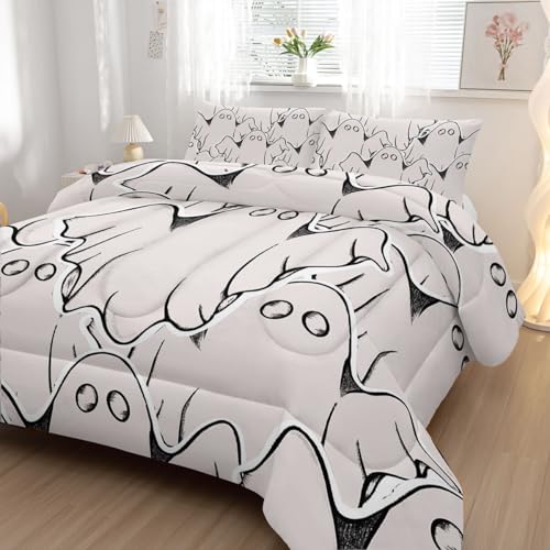 Nttopship Ghost Comforter Bedding Set with 2 Pillowcase Twin Size Black and White Comforter Set for Kids Boys Girls Bedroom Decor - color: Ghost, size: Twin