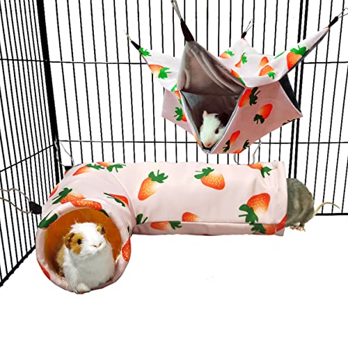 Guinea Pig Rat Corner Tunnel & Tubes Bunkbed Hammock, Guinea Pig Hideout for Small Pet Hedgehog Piggy Hamster Hide(2. Hammock&Tunnel-Strawberry) - color: 2. Hammock&Tunnel-strawberry