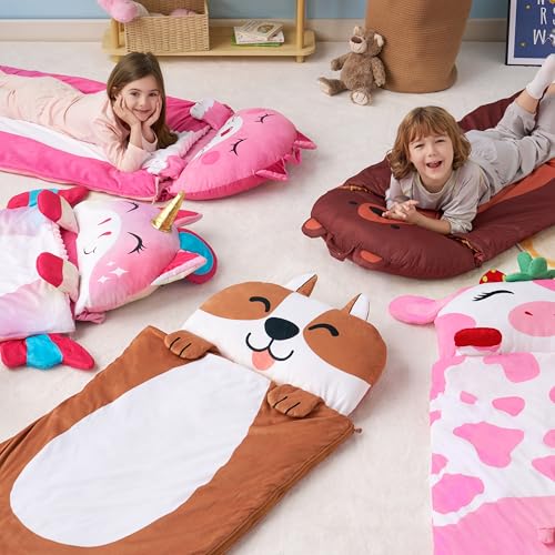 JOIEDOMI Kids Sleeping Bag 4 5 6 Year Old Girl Gifts Toddler Nap Mat with Pillow & Blanket 60" x 27" for Kids Ages 3+ Soft Plush Sleeping Mat for Preschool and Boys Girls - color: Brown Bear