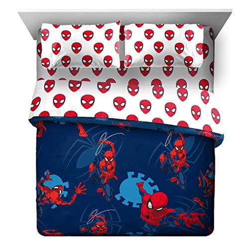 Marvel Spiderman Queen Comforter Set 5 Piece Kids Bedding for Boys, Blue | Bed in a Bag, Comforter Sheets Pillowcases, Official Product, Soft Microfiber, Machine Washable, Easy Care, Boys Gift - color: Blue - Spiderman, size: Queen