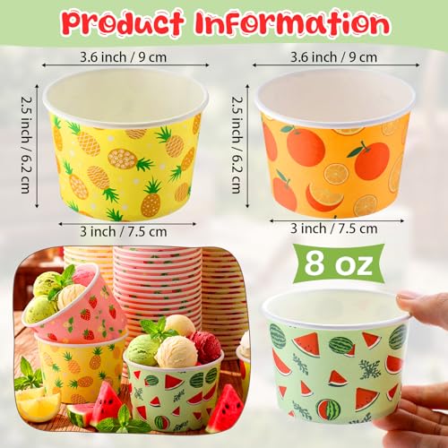 Jingmore 100 Pcs Ice Cream Paper Cups Bulk 8 oz Disposable Dessert Bowls for Hot or Cold Food Snack Treats Gift for Birthday Summer Party Favor Decoration(Summer Fruit) - style: Summer Fruit