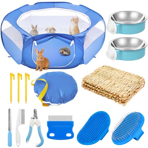 Small Animal Playpen & Grooming Kit, Portable Foldable Pet Playpen with Mesh Top for Rabbits, Guinea Pigs, Hamsters, Hedgehogs, Includes Feeding Bowls, Grooming Tools, and Bedding Mat, Blue