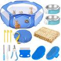 Small Animal Playpen & Grooming Kit, Portable Foldable Pet Playpen with Mesh Top for Rabbits, Guinea Pigs, Hamsters, Hedgehogs, Includes Feeding Bowls, Grooming Tools, and Bedding Mat, Blue