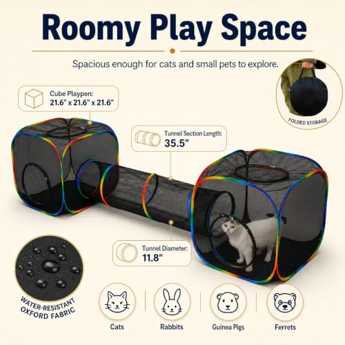Outdoor Rainbow Cat Enclosures Playground,Outside House for Indoor Cats Include Portable Tent, 2 Way with 2 Cube Tunnel, for Kitty and Small Animals,Within Storage Bag - size: 2 Cube + 2 Way Tunnel (no tent)
