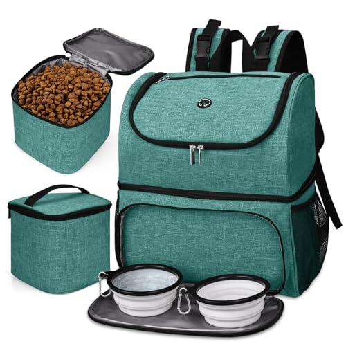 BAGLHER Pet Travel Bag, Double-Layer Pet Supplies Backpack (for All Pet Travel Supplies), Pet Travel Backpack with 2 Silicone Collapsible Bowls and 2 Food Baskets Green - color: Green