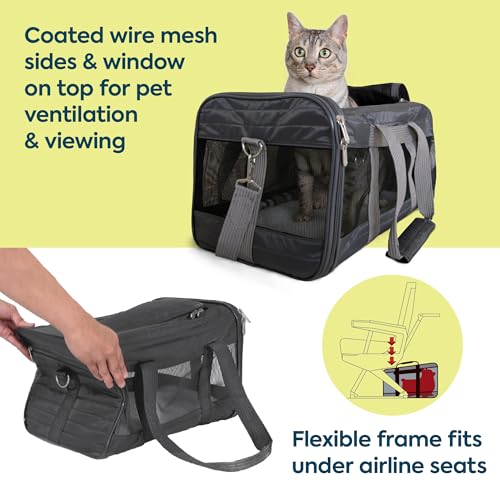 Sherpa Pet Carrier Airline Approved with Spring Wire Frame - Cat Carrier and Dog Carriers for Airline Travel and Vet Visits, Mesh Ventilation, Locking Zippers - Charcoal Grey, Large - color: Charcoal Gray, size: 19.0"L x 11.5"W x 11.8"H