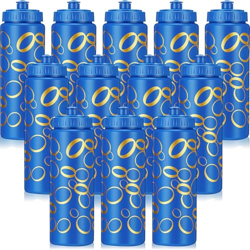12 Pack Blue with Gold Ring Themed Party Favors 20 oz Reusable Plastic Water Bottles with Pull-top Lids, Cartoon Theme Water Bottles for Birthday Baby Shower Game Party decorations - style: Gold Rings