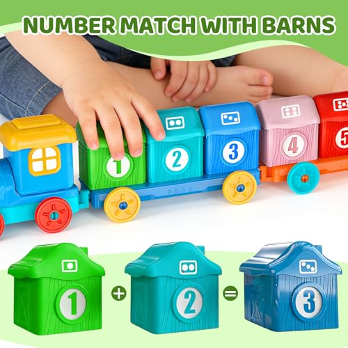 Toddler Learning Toys for 2 3 Year Old, Counting Matching & Sorting Montessori Train Set with 9 Farm Animals Finger Puppets, Birthday Gift for Baby Boys Girls