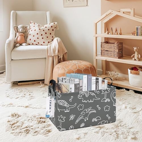 Rectangular Fabric Storage Bin, Foldable Line Dinosaur print Basket | Damp-proof canvas with reinforced stitched handles.Great for clothes,books and sundries in closets,playrooms,laundry rooms. - color: REC Gray Line Dinosaur